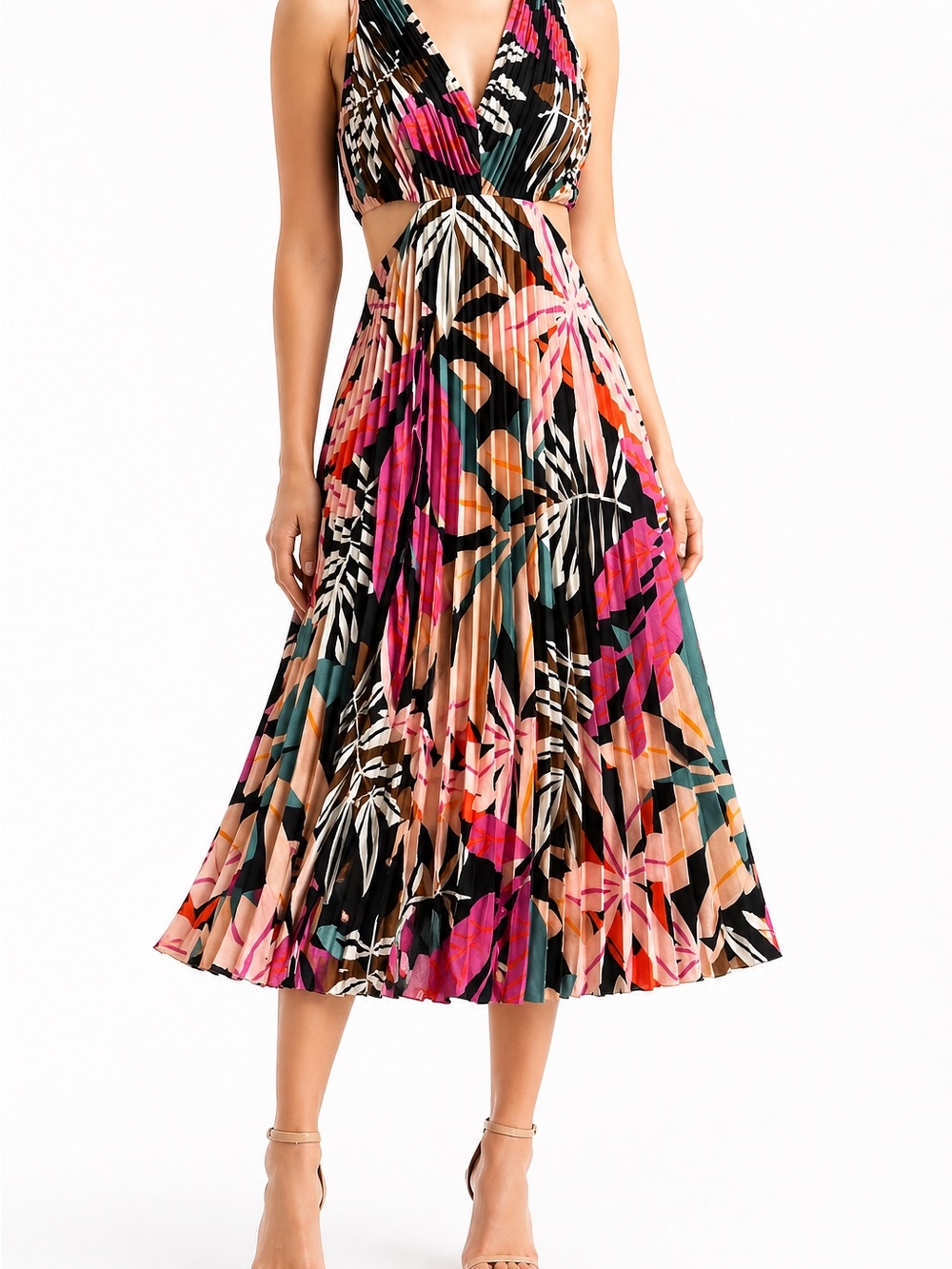 MELLODAY Multicolor Floral Pleated Cutout Midi Dress